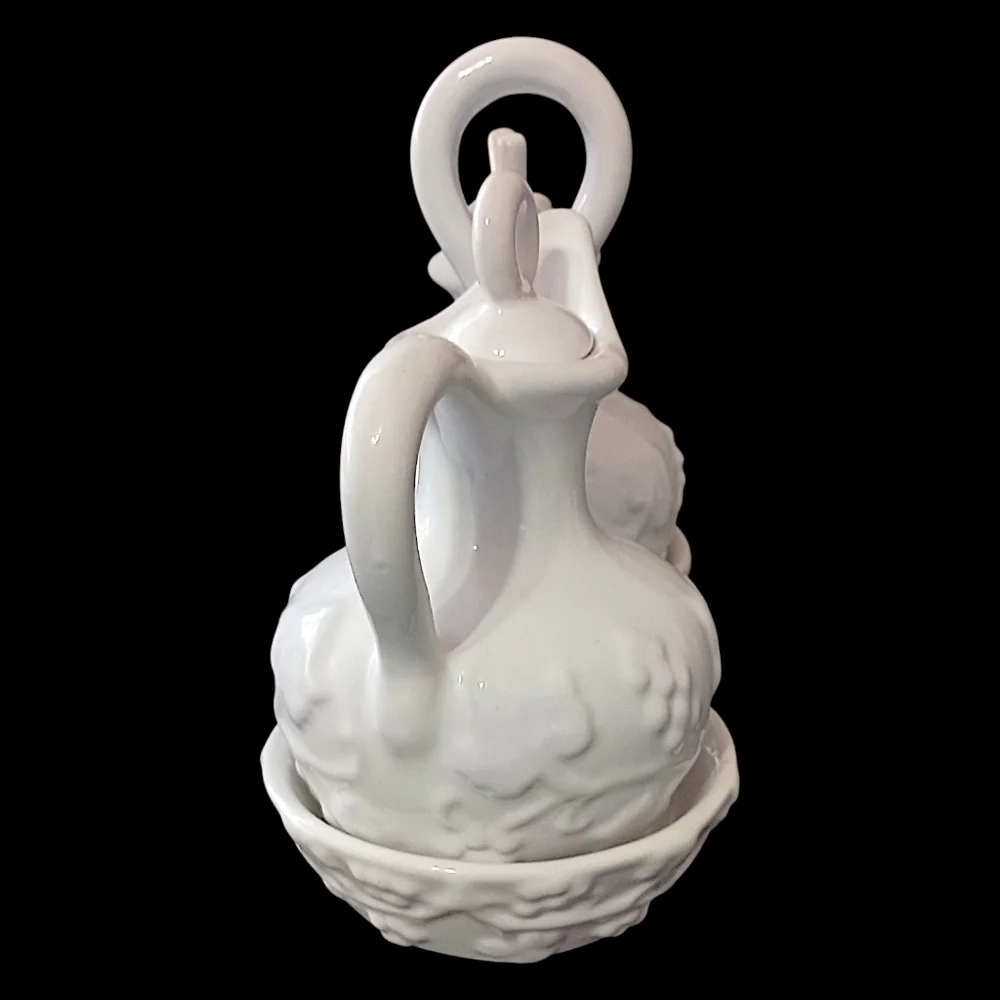 PV Italy Pottery Cruet Set White Oil Vinegar‎ Carrier Embossed Peasant Village